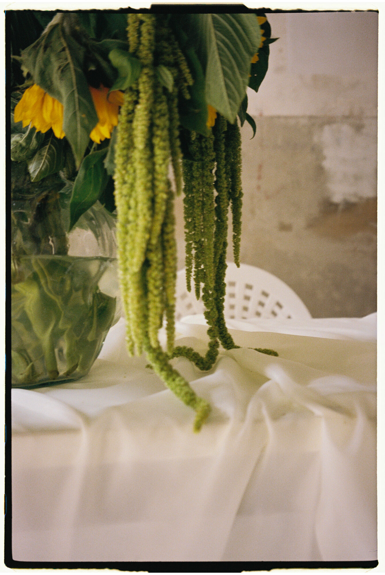 chill and grill, blumen-installation in der halle