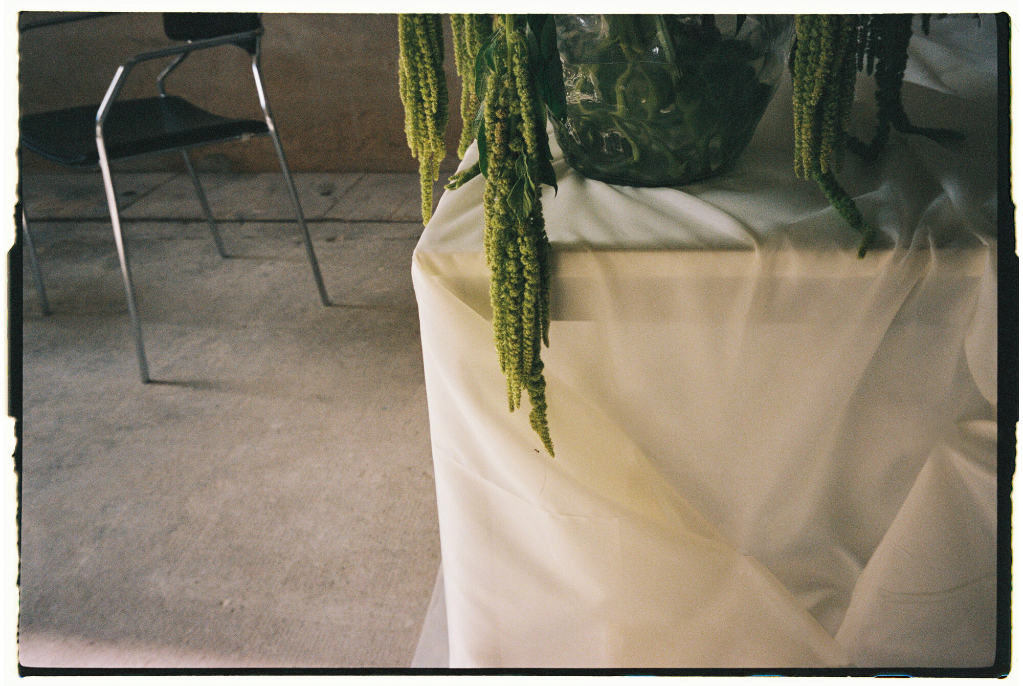 chill and grill, blumen-installation in der halle