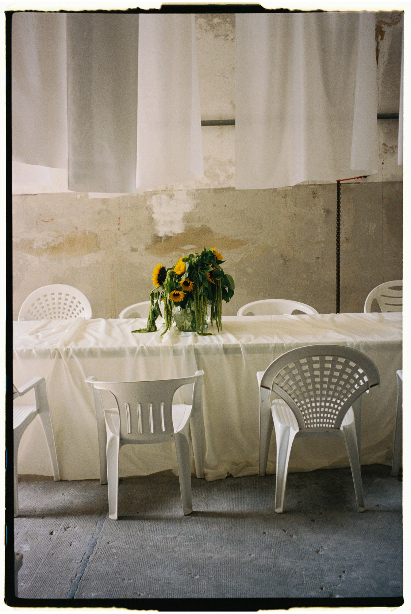 chill and grill, blumen-installation in der halle